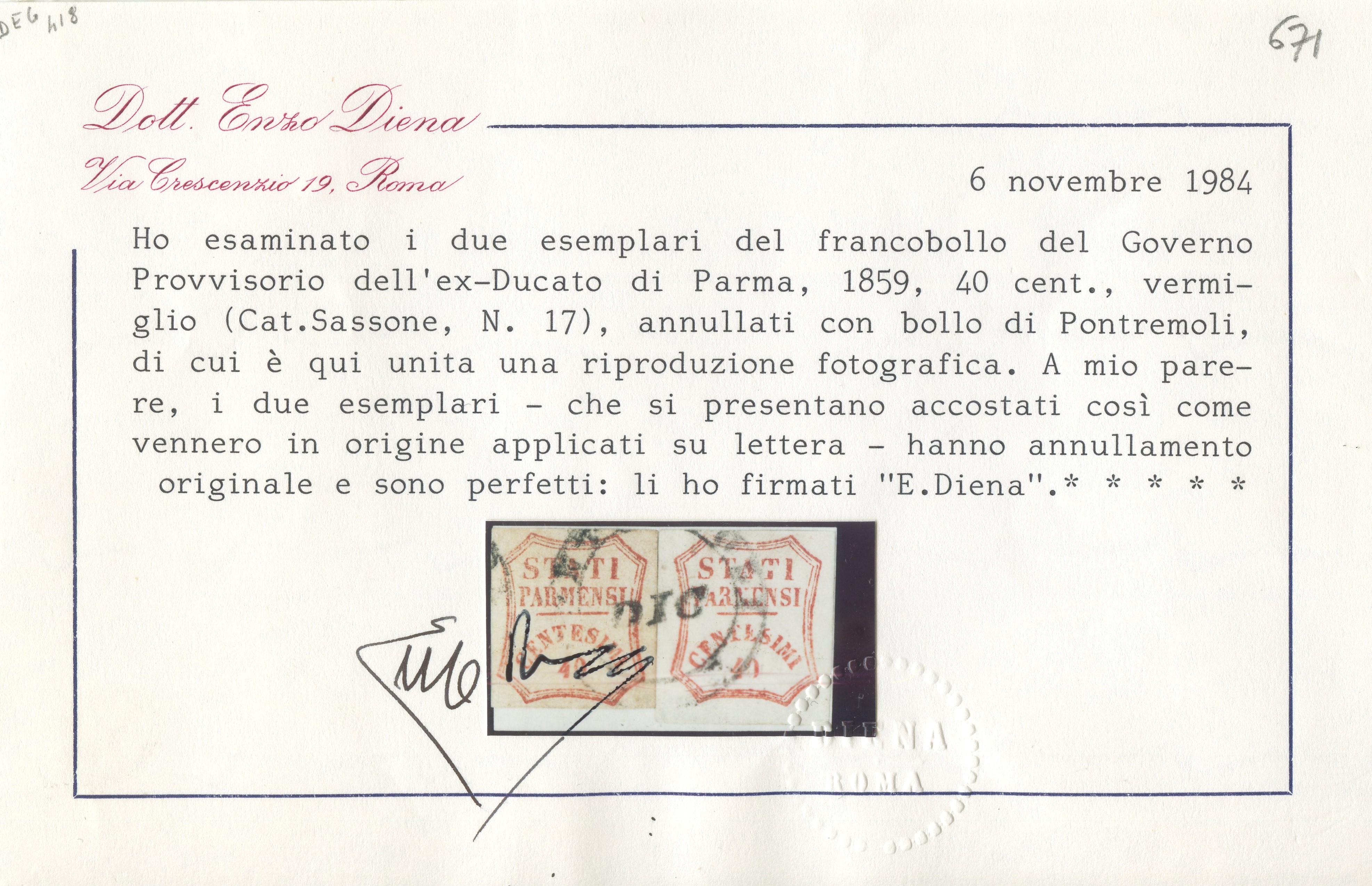 Emilio Diena, Certificato su 1859, 40 centesimi vermiglio (Parma) n. 17, usati