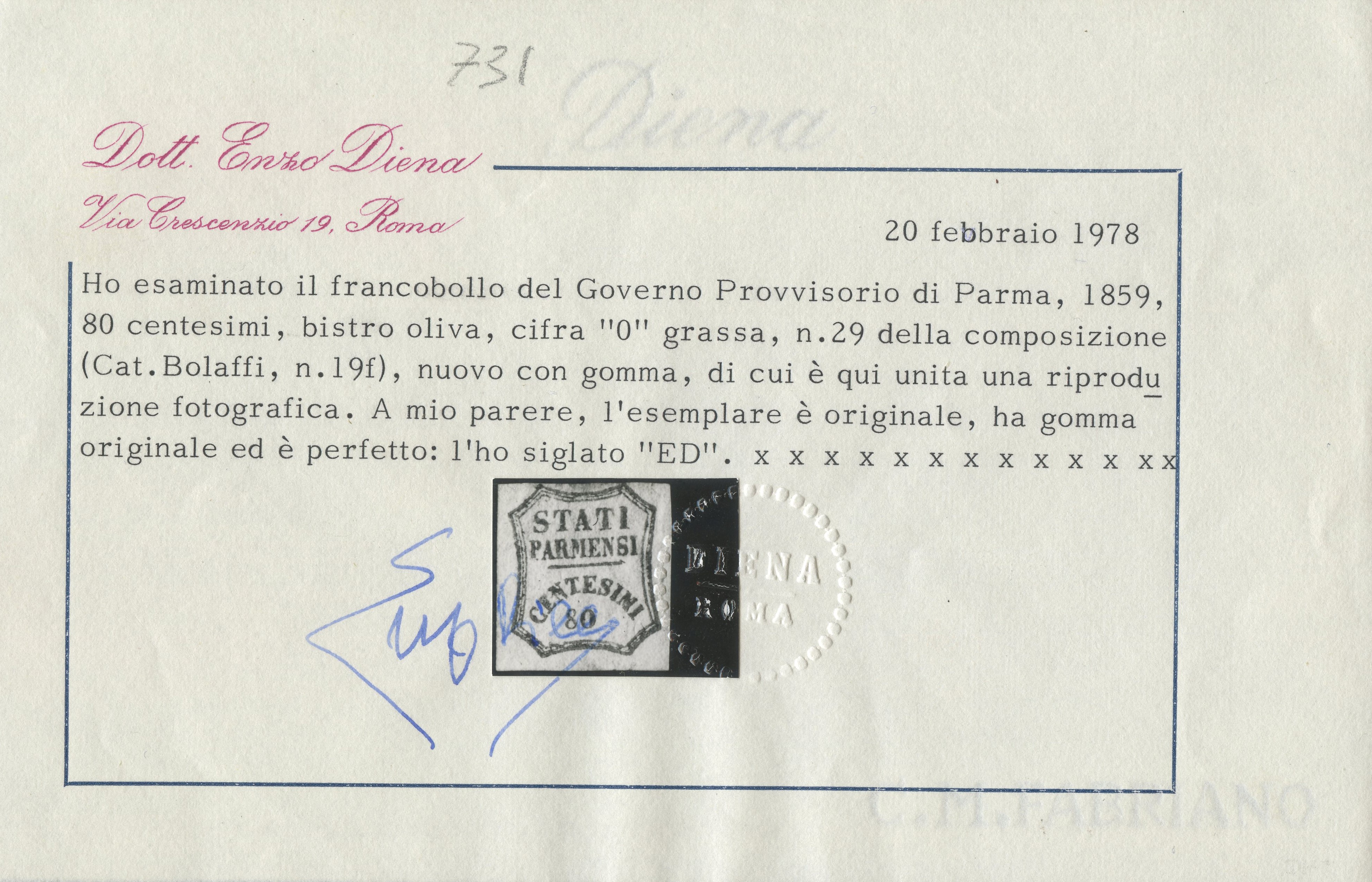 Parma, Governatorato Provvisorio, 80 centesimi bistro oliva con '0' grasso n.18d