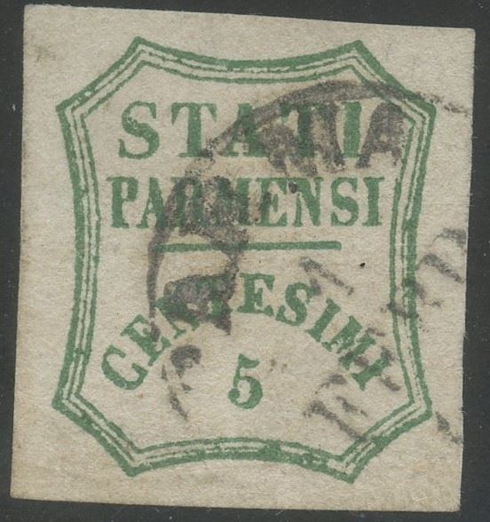 Francobollo, 5 centesimi verde azzurro (n. 12), usato a Parma (tolleranza), 1859/1 febbraio 1860