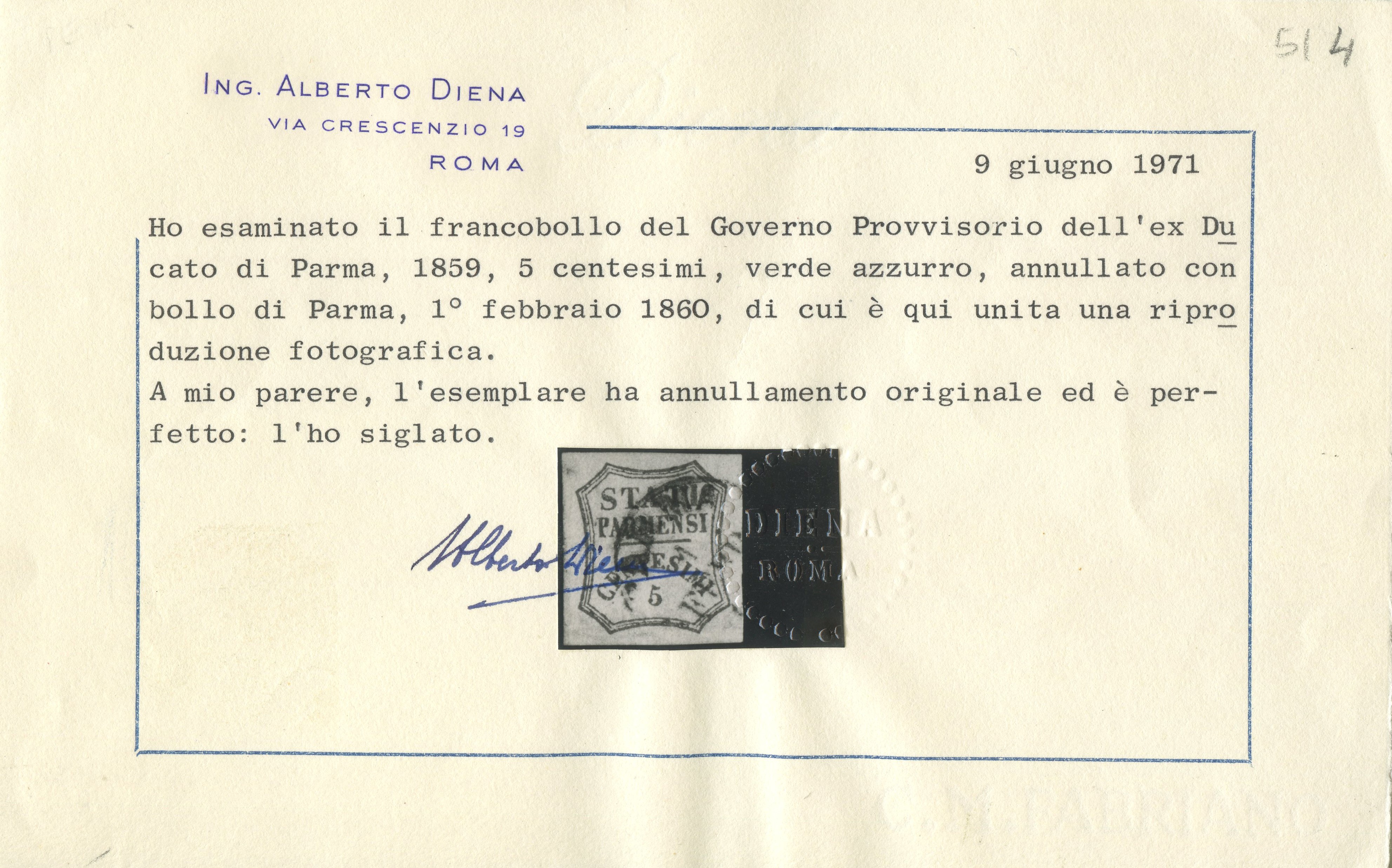 Francobollo, 5 centesimi verde azzurro (n. 12), usato a Parma (tolleranza), 1859/1 febbraio 1860