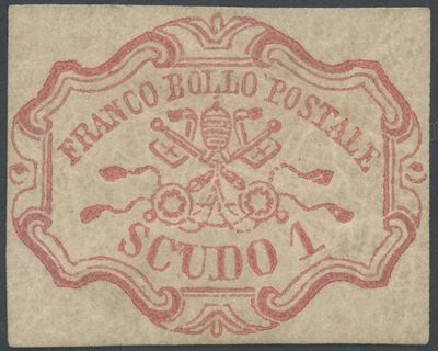 Raybaudi / Diena, Sato Pontificio, 1 scudo rosa carminio n. 11 (1852) con gomma originale