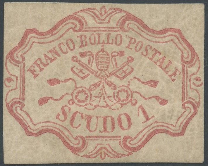 Raybaudi / Diena, Sato Pontificio, 1 scudo rosa carminio n. 11 (1852) con gomma originale