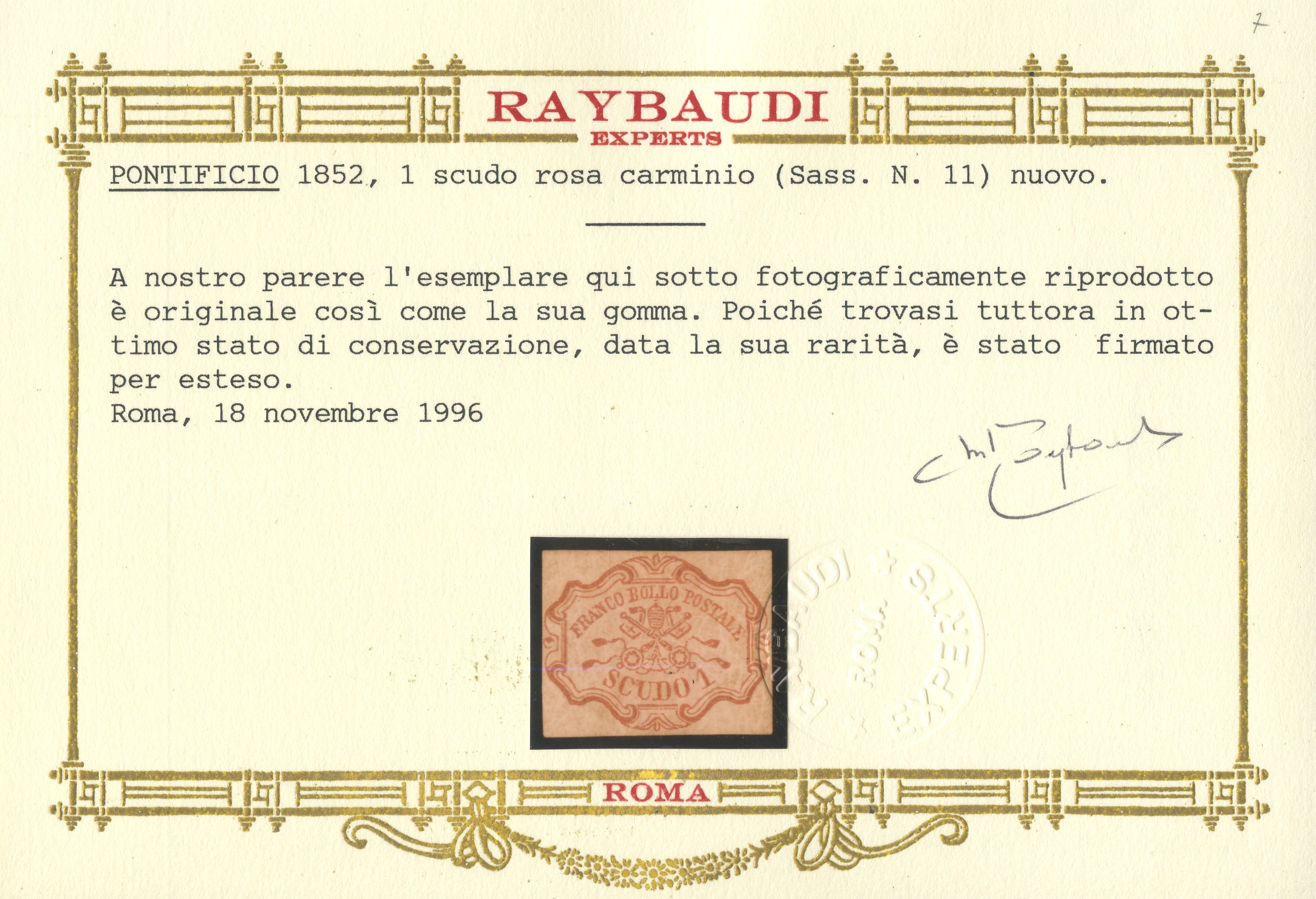 Raybaudi / Diena, Sato Pontificio, 1 scudo rosa carminio n. 11 (1852) con gomma originale