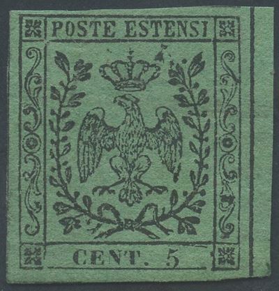 Basso valore di Stato italiano (1852), 5 centesimi verde, esemplare nuovo con gomma originale e l...