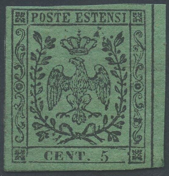 Basso valore di Stato italiano (1852), 5 centesimi verde, esemplare nuovo con gomma originale e l...