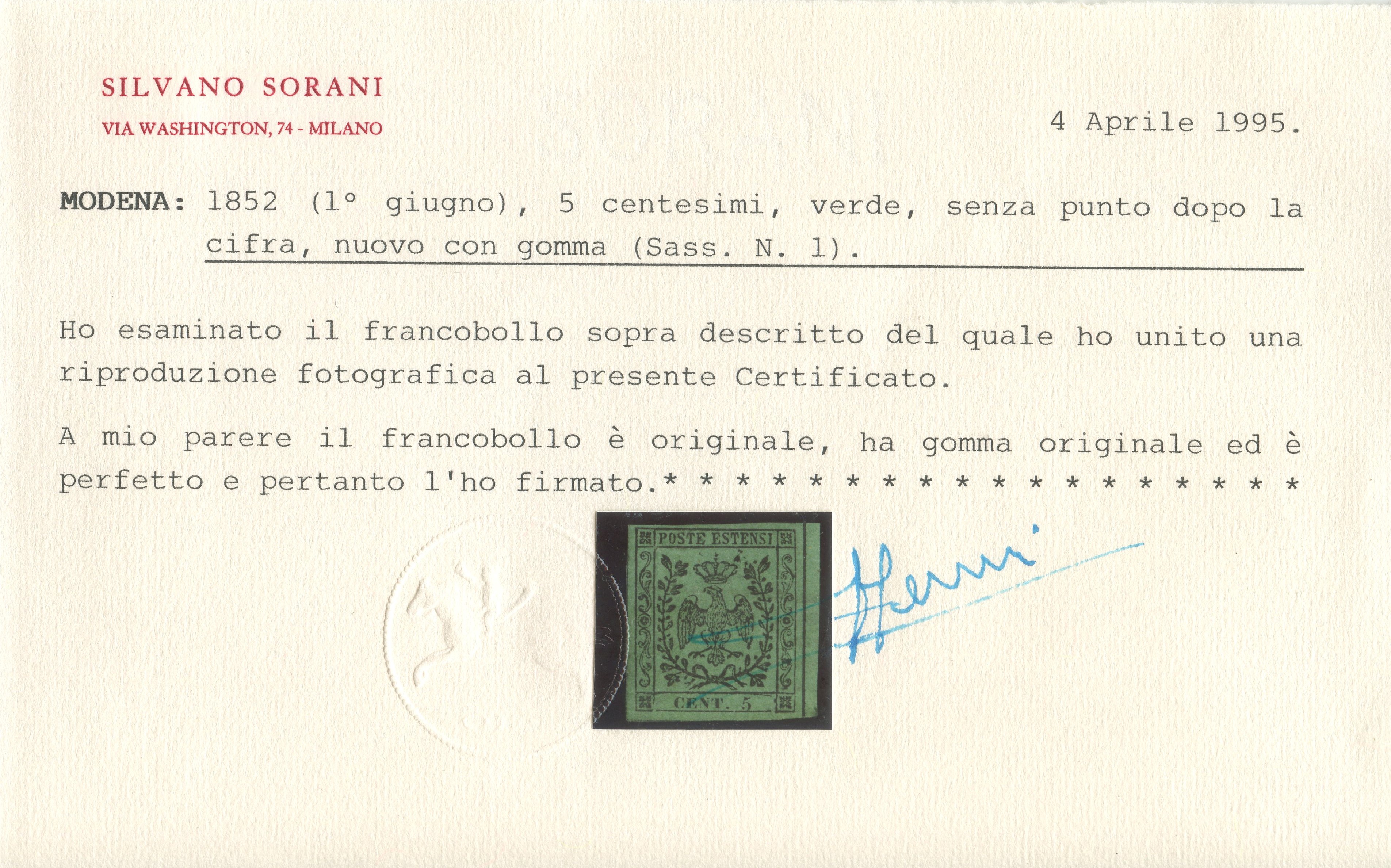 Basso valore di Stato italiano (1852), 5 centesimi verde, esemplare nuovo con gomma originale e l...