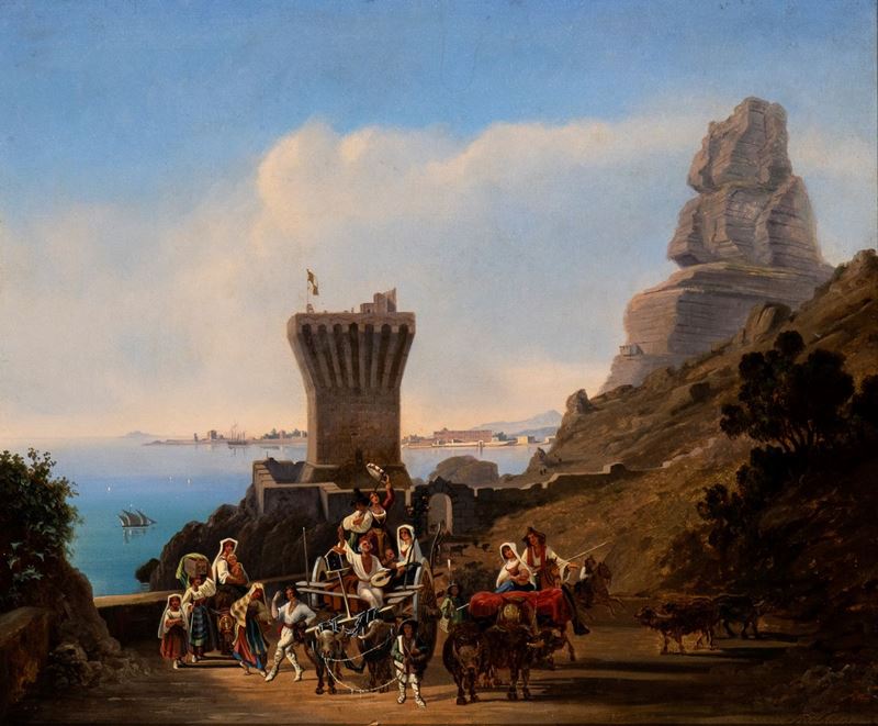Theodor Emil Richter - Veduta di Terracina con Pellegrini