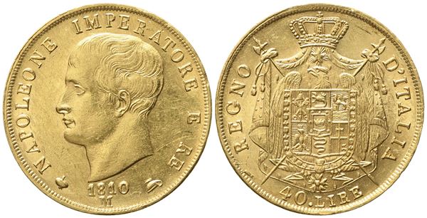 Milano. Regno d'Italia. Napoleone I (1805 - 1814). 40 Lire 1810. Puntali aguzzi. Au (12,94 g; 26,21 mm)  - Asta Monete e medaglie medievali e moderne italiane ed estere - Bertolami Fine Art - Casa d'Aste