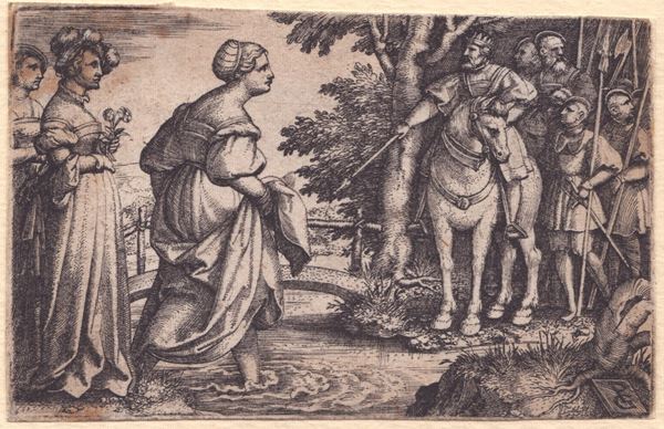 Georg Pencz - The Queen of Sheba refuses to cross the wooden bridge