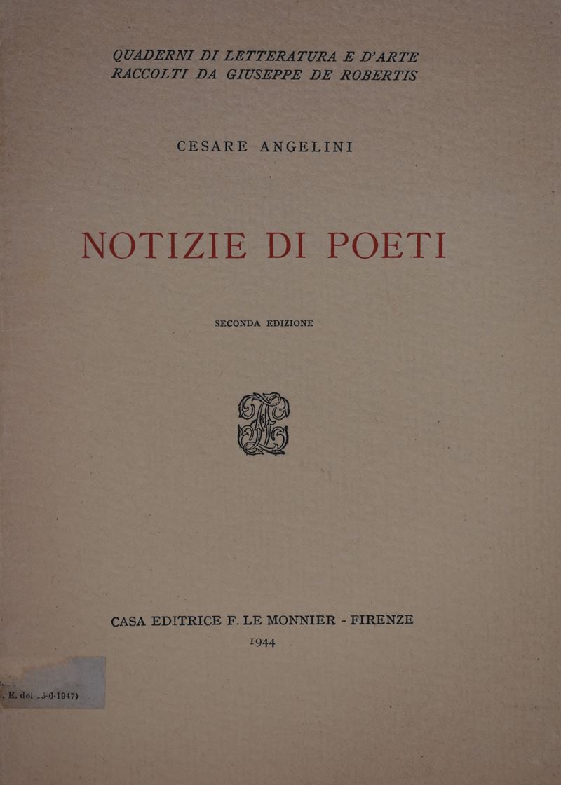 Angelini, Cesare. Notizie di Poeti. 1944.