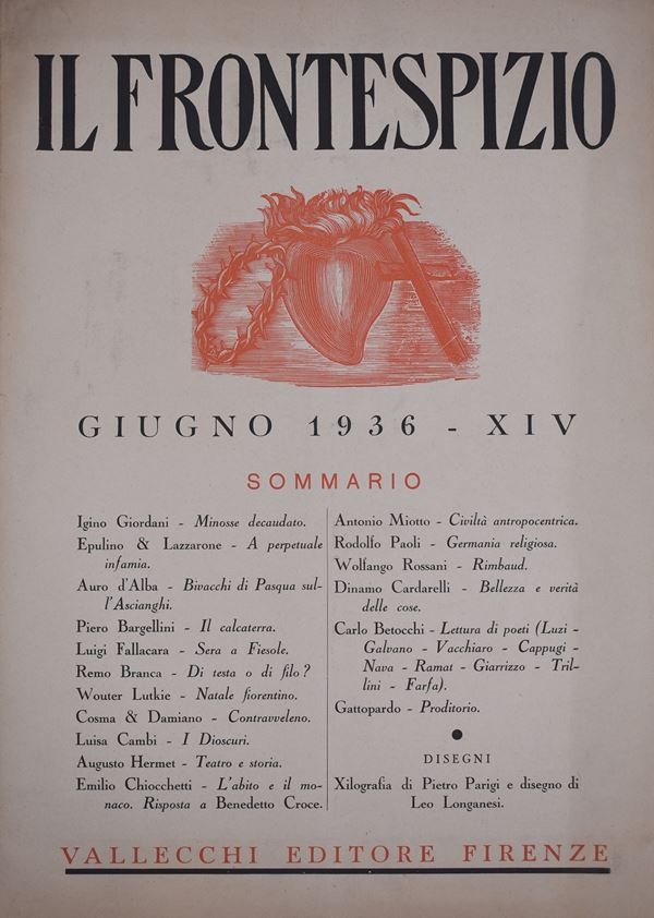 BARGELLINI, Piero. IL FRONTESPIZIO (GIUGNO) ANNO VIII N. 6. 1936.  - Auction Ancient and rare books, italian first editions of 20th century - Bertolami Fine Art - Casa d'Aste