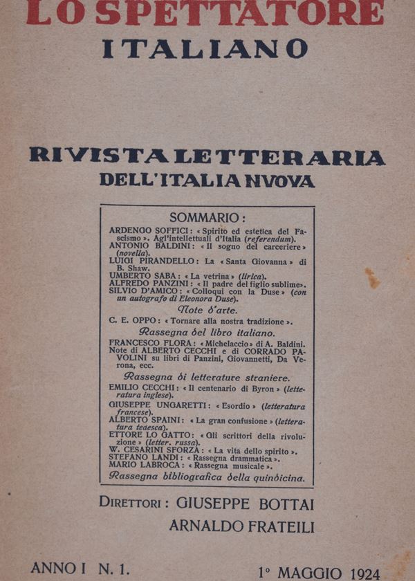 LO SPETTATORE ITALIANO - RIVISTA LETTERARIA DELL'ITALIA NUOVA. ANNO 1 N. 1. 1924.  - Auction Ancient and rare books, italian first editions of 20th century - Bertolami Fine Art - Casa d'Aste