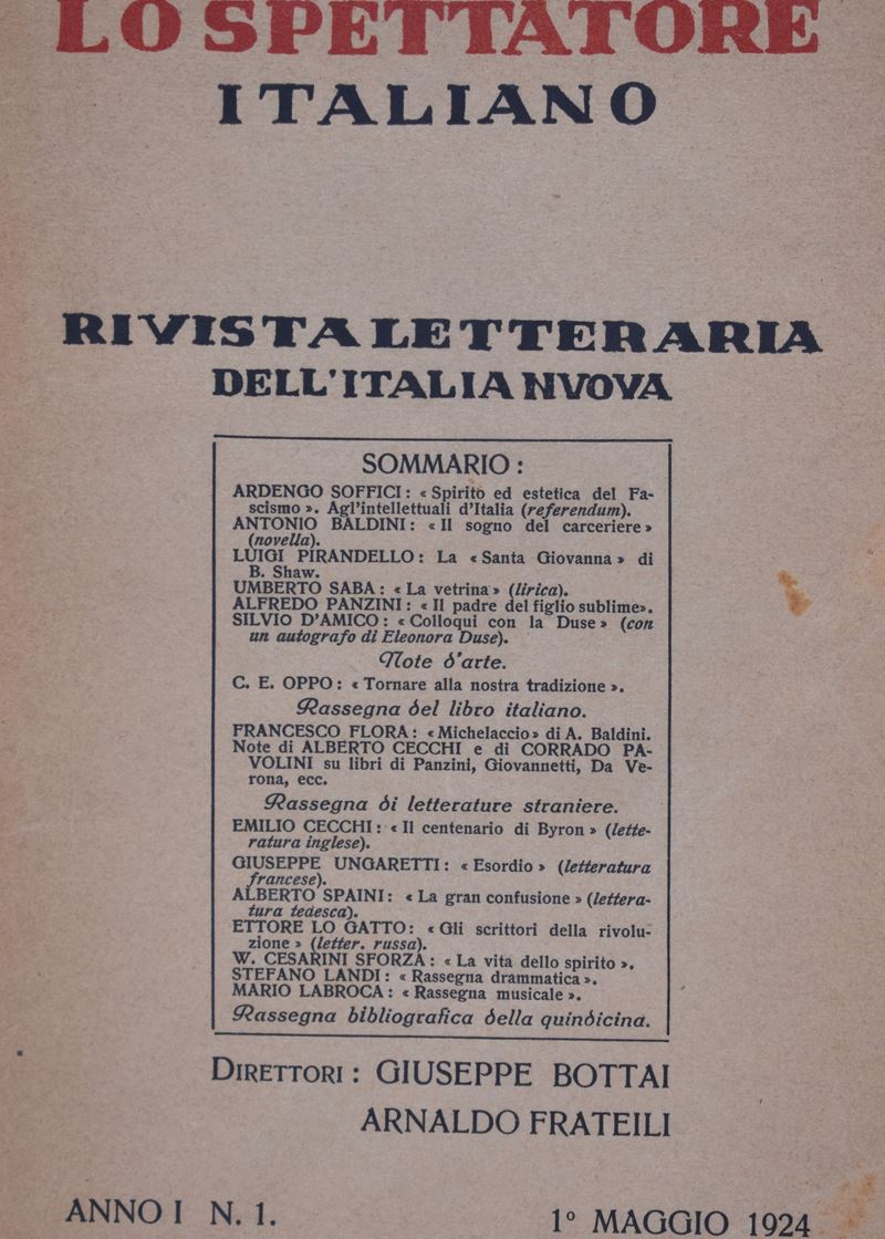 Lo Spettatore Italiano - Rivista Letteraria Dell'italia Nuova. Anno 1 N. 1. 1924.