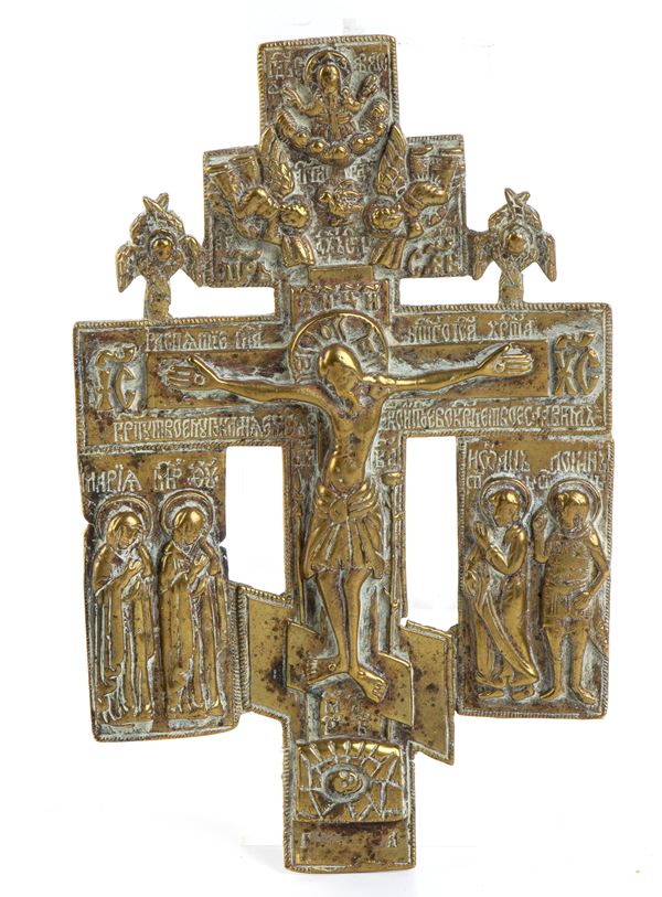  Icona russa da viaggio in bronzo raffigurante la croce ortodossa