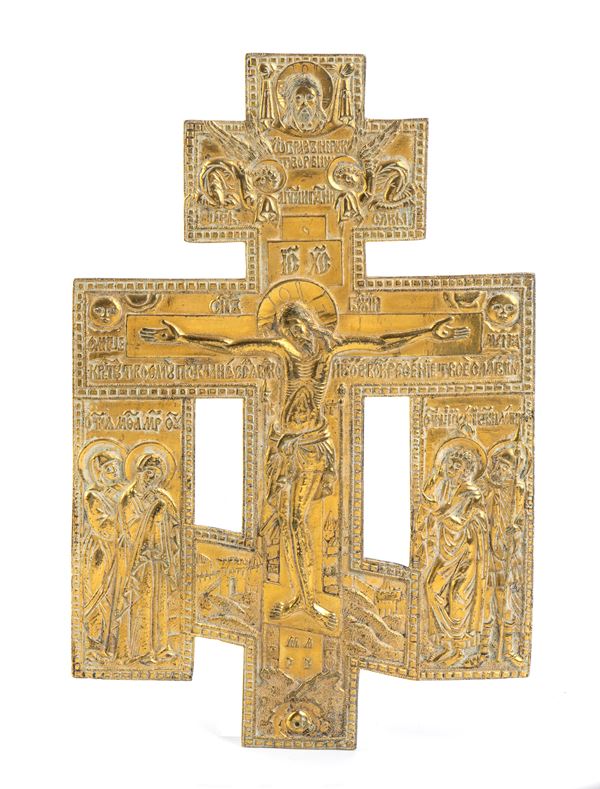Icona russa da viaggio in bronzo raffigurante la croce ortodossa