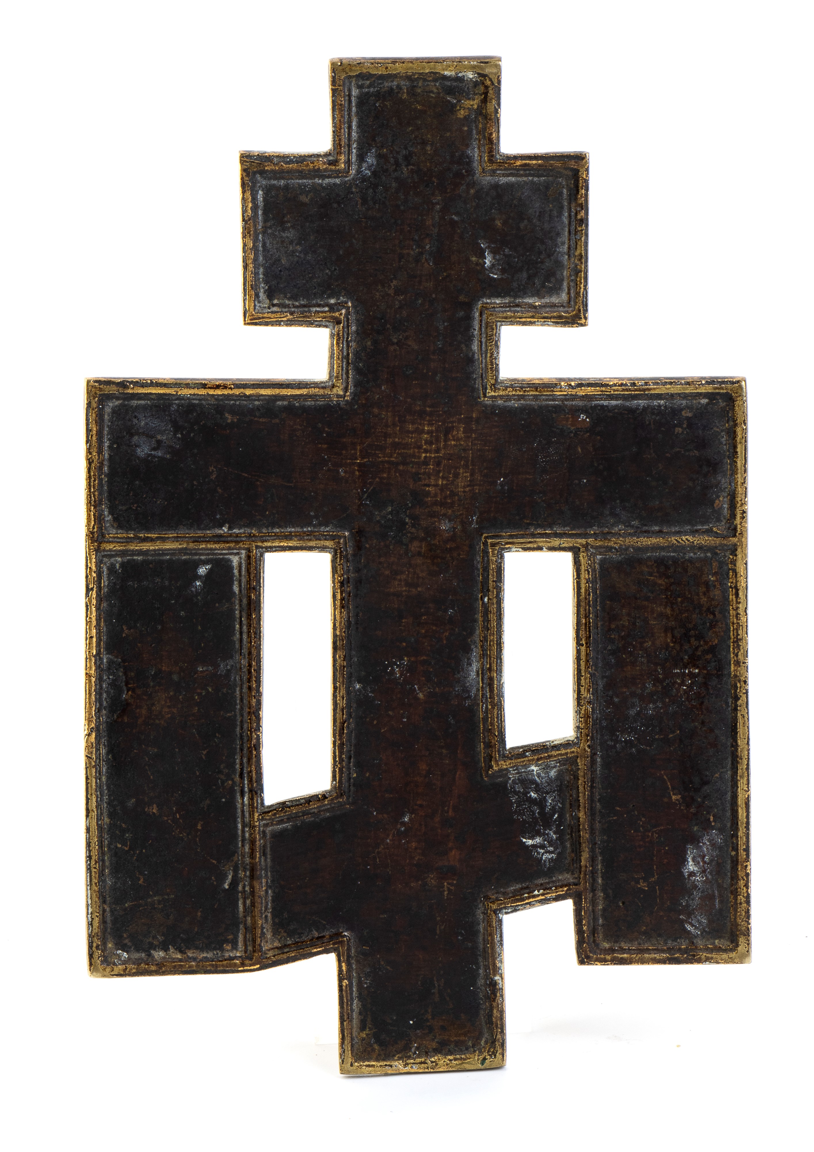 Icona russa da viaggio in bronzo raffigurante la croce ortodossa