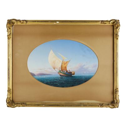 Scorcio di Mare con Isola e Barca, Gouache su Carta
