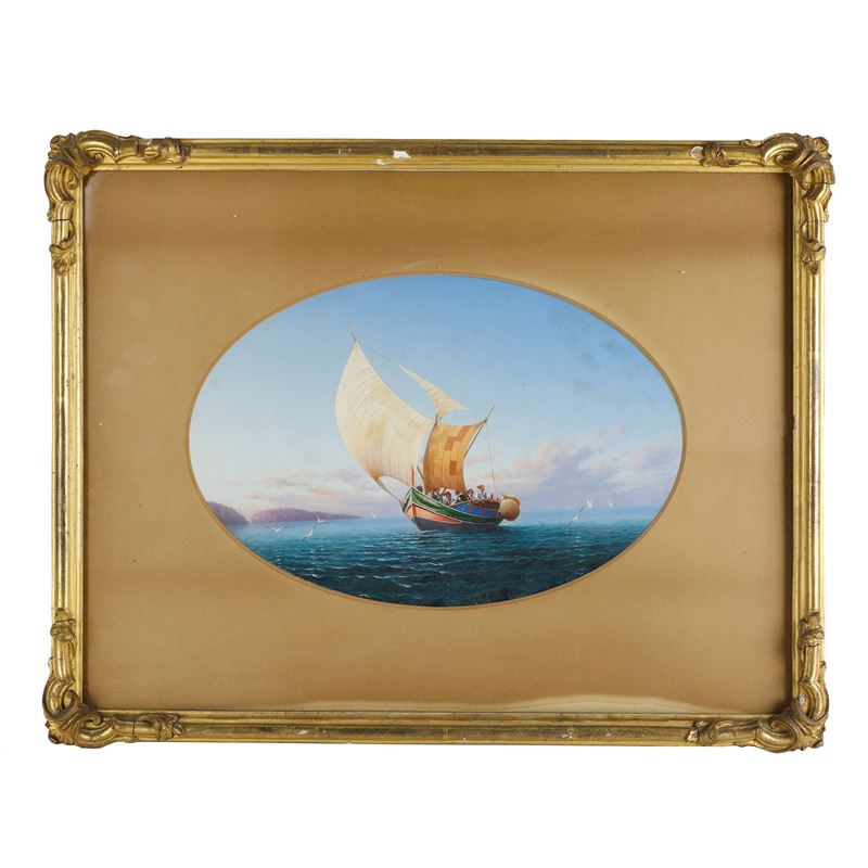 Scorcio di Mare con Isola e Barca, Gouache su Carta