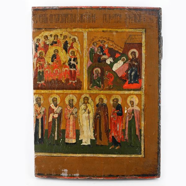 Wooden icon with scene from the life of Jesus and angels and saints