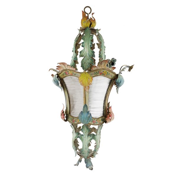 Suspended lantern with 1 light in polychrome wrought iron