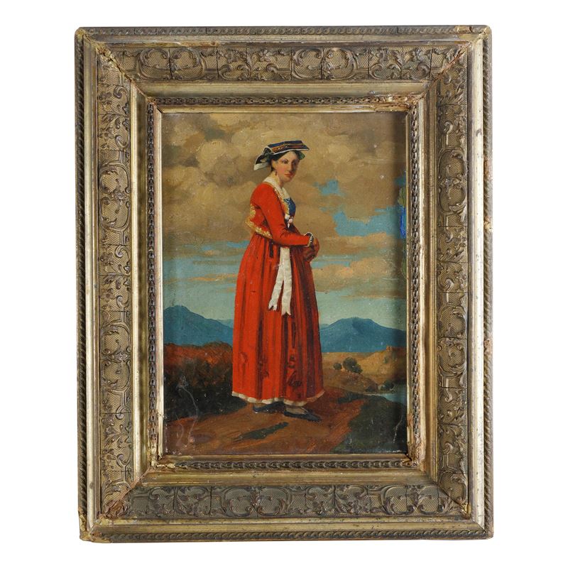 Ritratto di Popolana in Rosso con Vestito Regionale