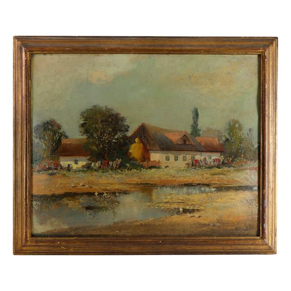 Glimpse of rural landscape with houses and trees
