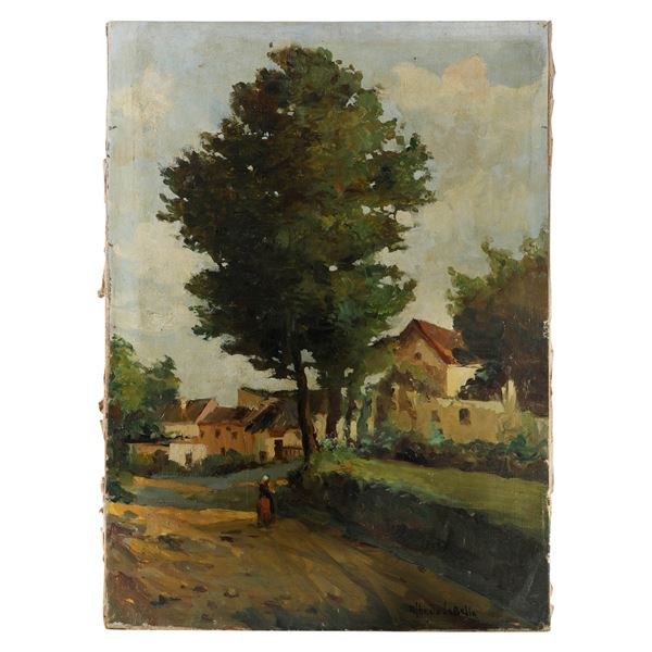 Landscape with houses and wayfarer