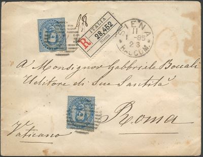 Francobolli, 11 gennaio 1885 — Busta raccomandata Siena–Vaticano con affrancatura da 25 centesimi