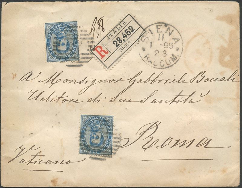 Francobolli, 11 gennaio 1885 — Busta raccomandata Siena–Vaticano con affrancatura da 25 centesimi