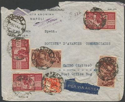 Francobolli, Storia postale del 29.11.1946: busta aerea Napoli–Cairo affrancata 324 Lire