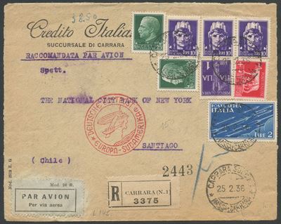Francobolli, Busta raccomandata Carrara–Santiago (Cile) del 25.02.1936, posta aerea tramite linea...