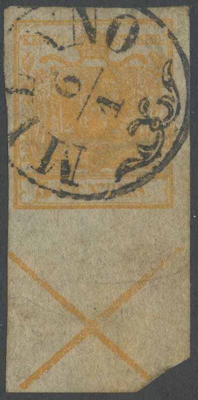Francobollo Lombardo-Veneto, 5 centesimi arancio (n. 1h), con bordo e croce di Sant’Andrea