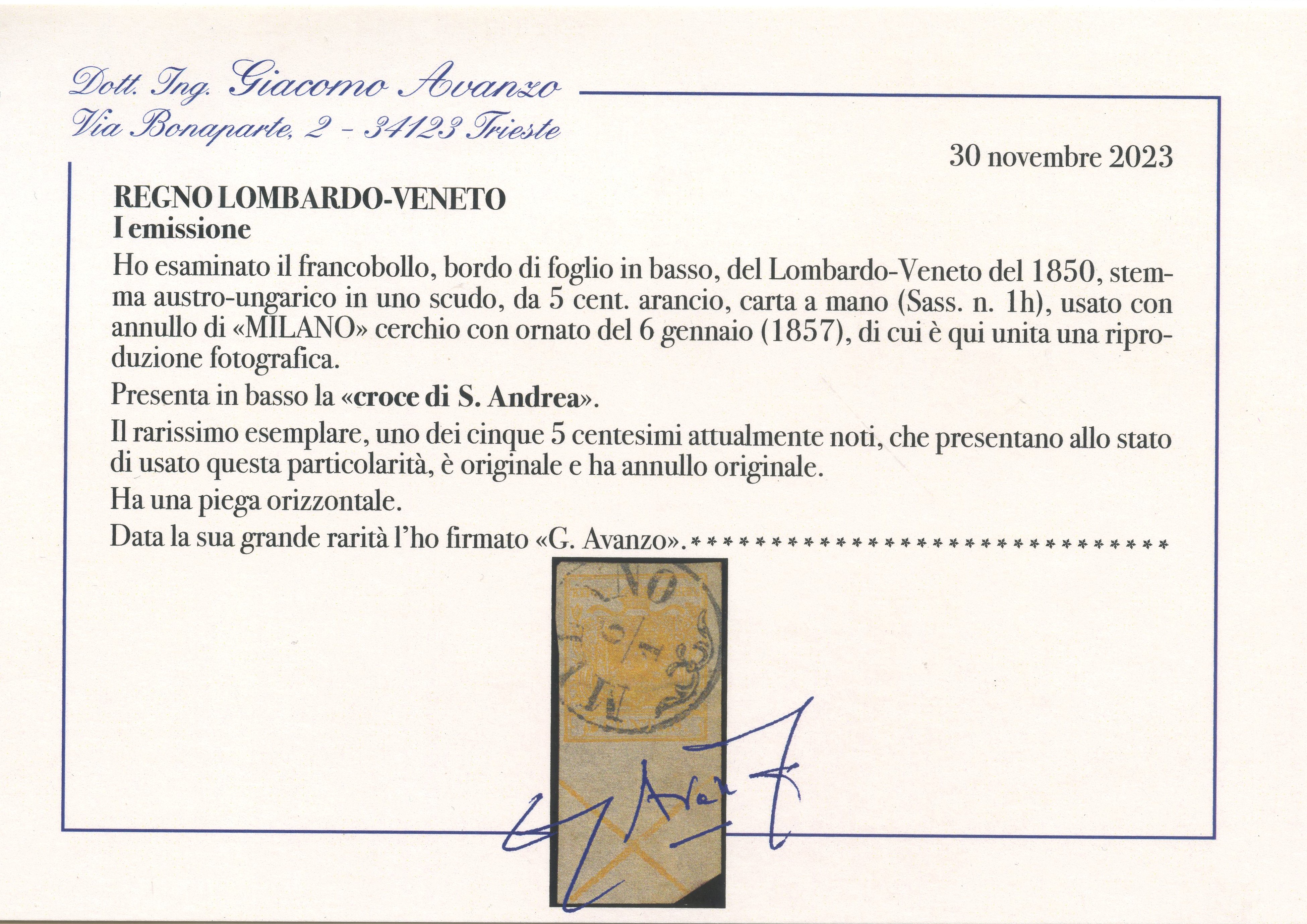 Francobollo Lombardo-Veneto, 5 centesimi arancio (n. 1h), con bordo e croce di Sant’Andrea