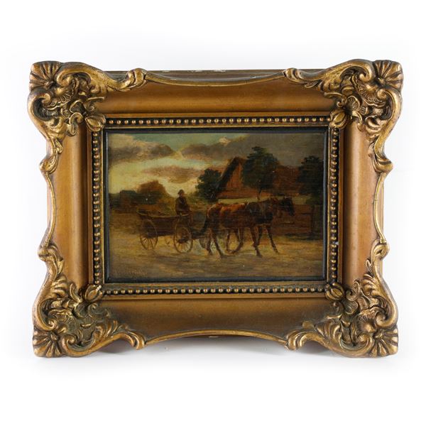 Lot of 2 paintings; glimpse of landscape with carriage and horses and elderly man