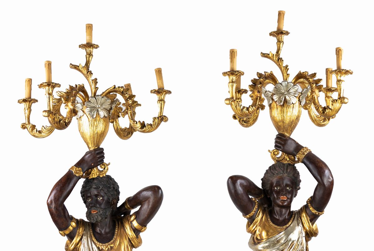 Coppia di Lampade da Terra con Mori Veneziani in Stile Barocco