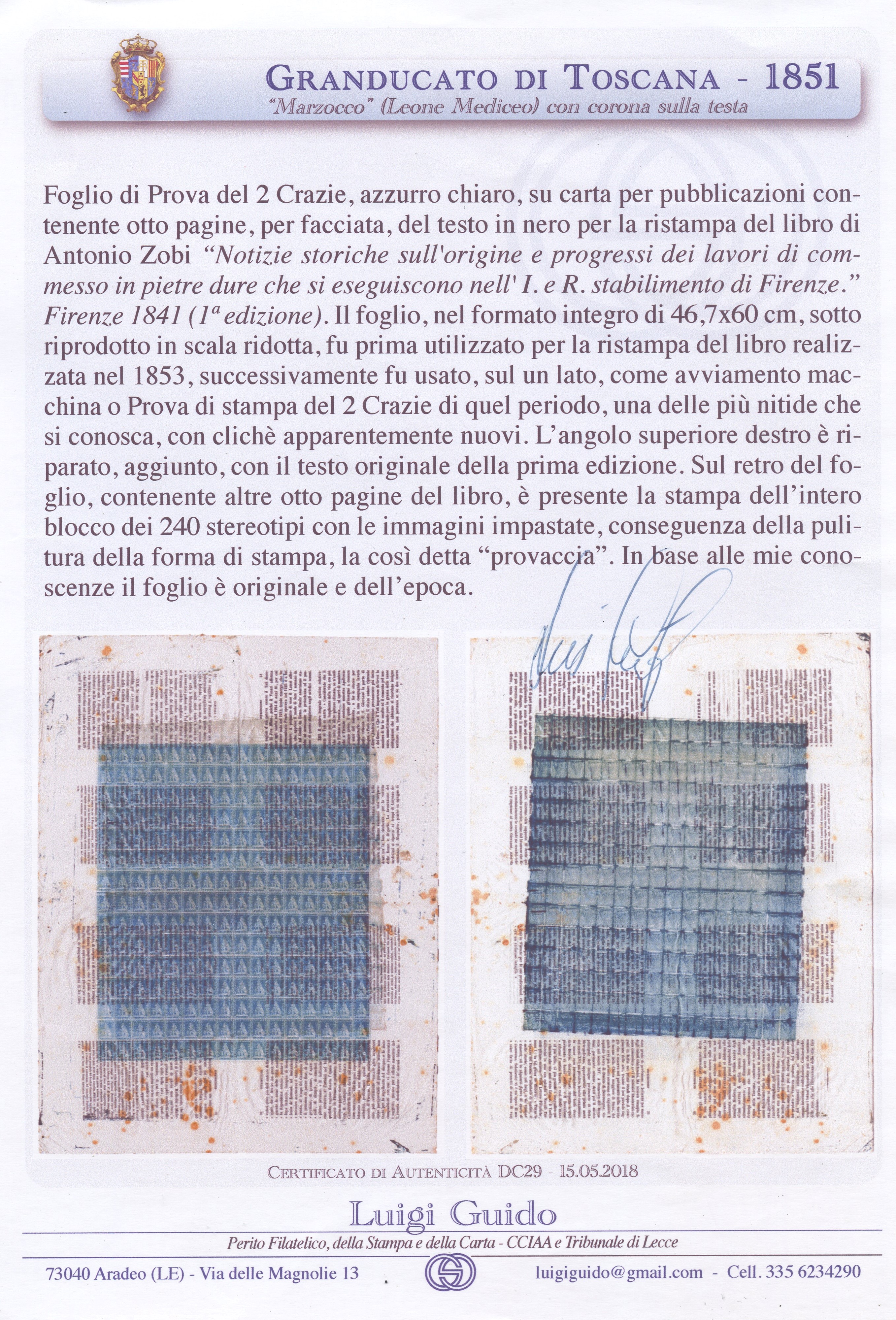 Foglio di prova, Toscana: 2 centesimi azzurro chiaro, certificazione Luigi Guido (1851)