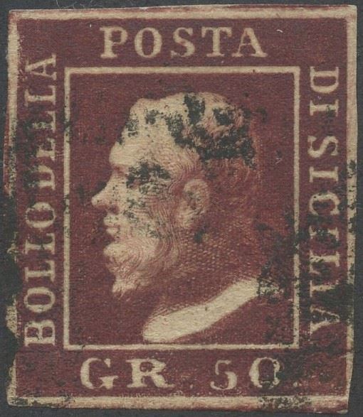 Certificato R. Diena, Sicilia — francobollo, 1859, 50 gr. n.14 usato