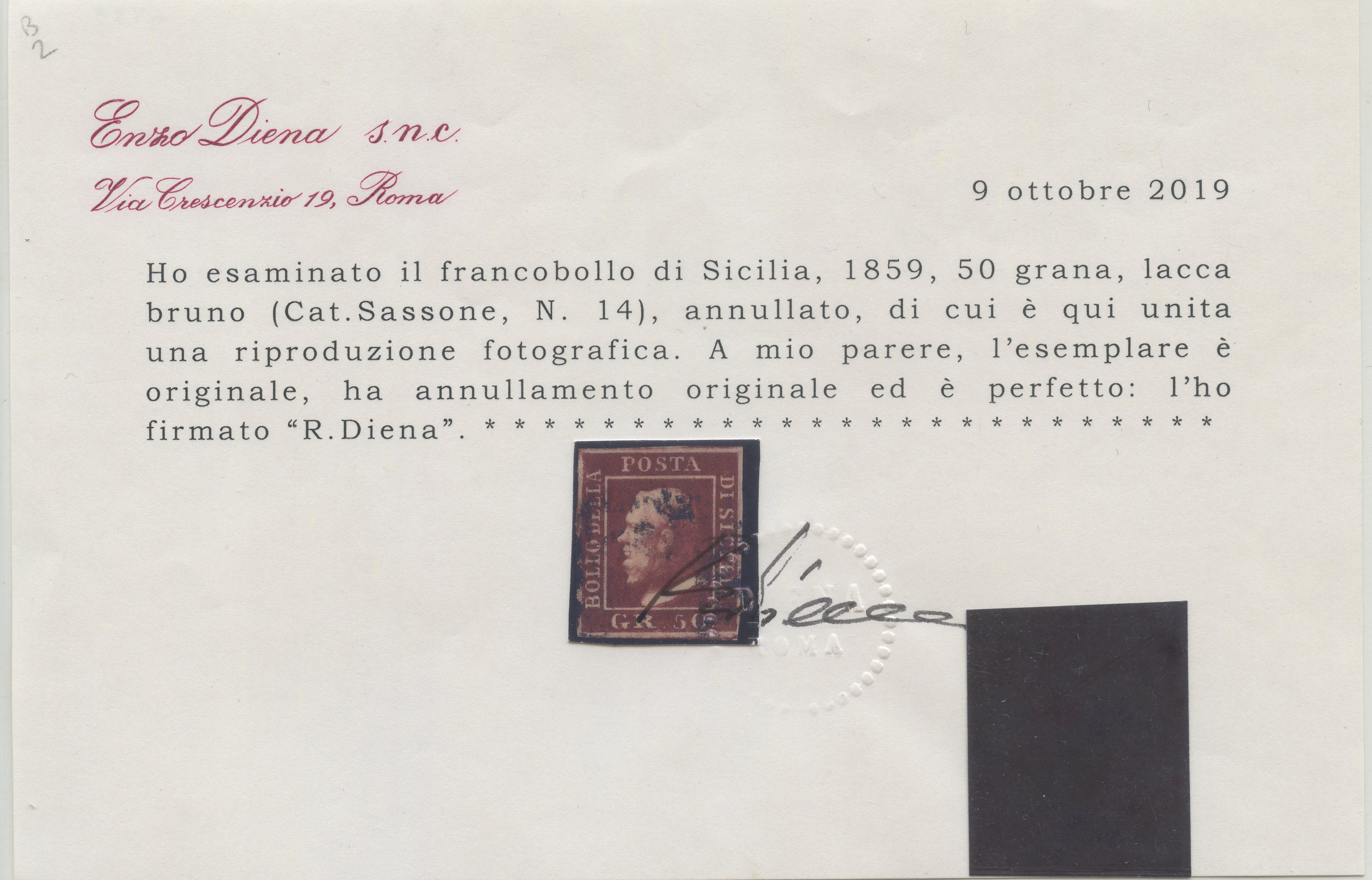Certificato R. Diena, Sicilia — francobollo, 1859, 50 gr. n.14 usato