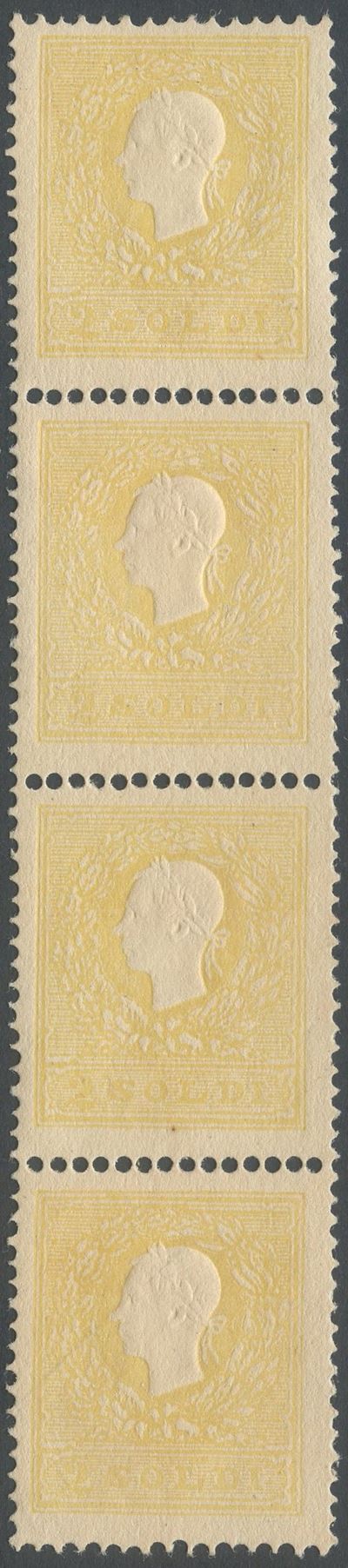 Lombardo-Veneto, III emissione (1859) — 2 soldi, giallo, n. 28, in striscia verticale di 4