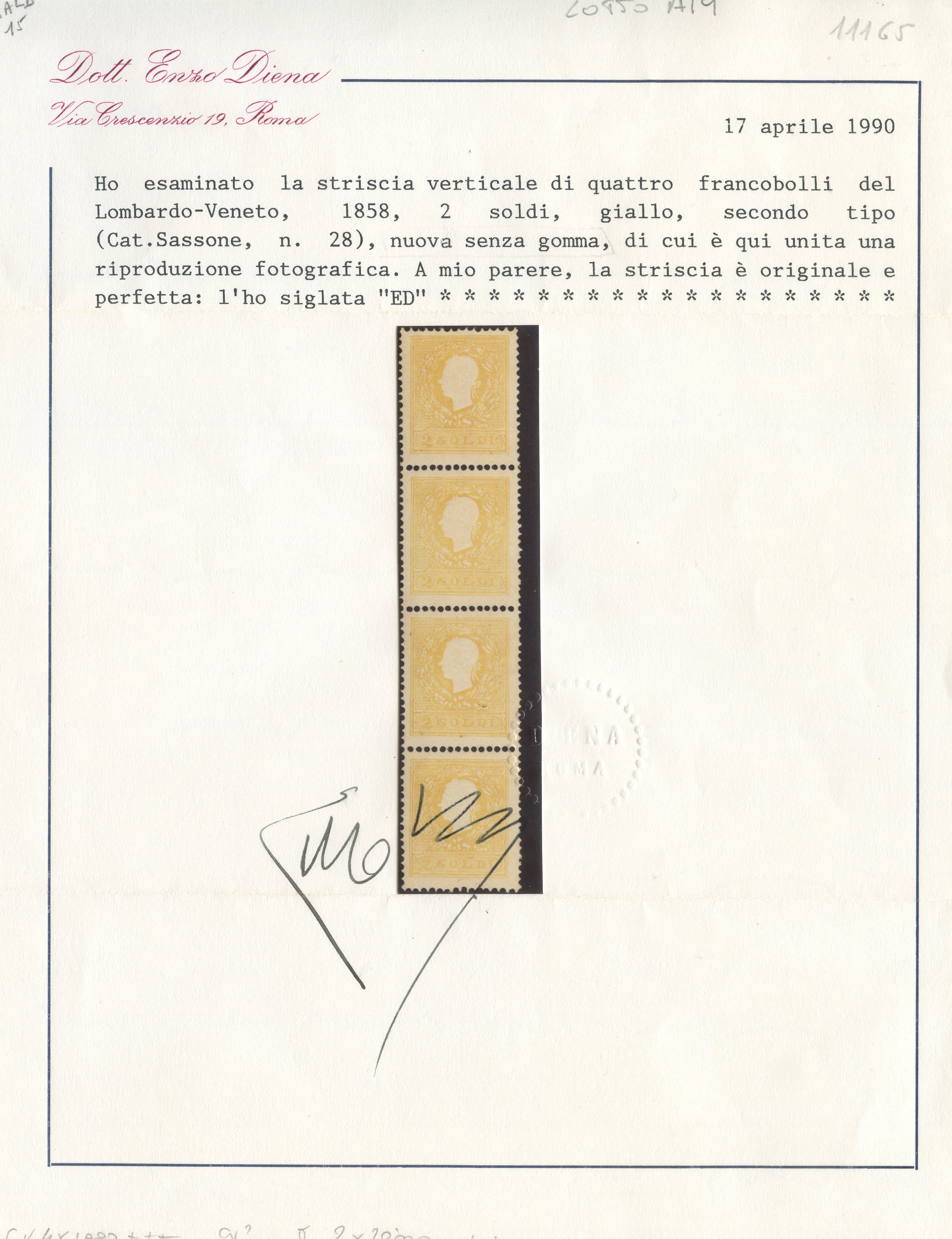 Lombardo-Veneto, III emissione (1859) — 2 soldi, giallo, n. 28, in striscia verticale di 4