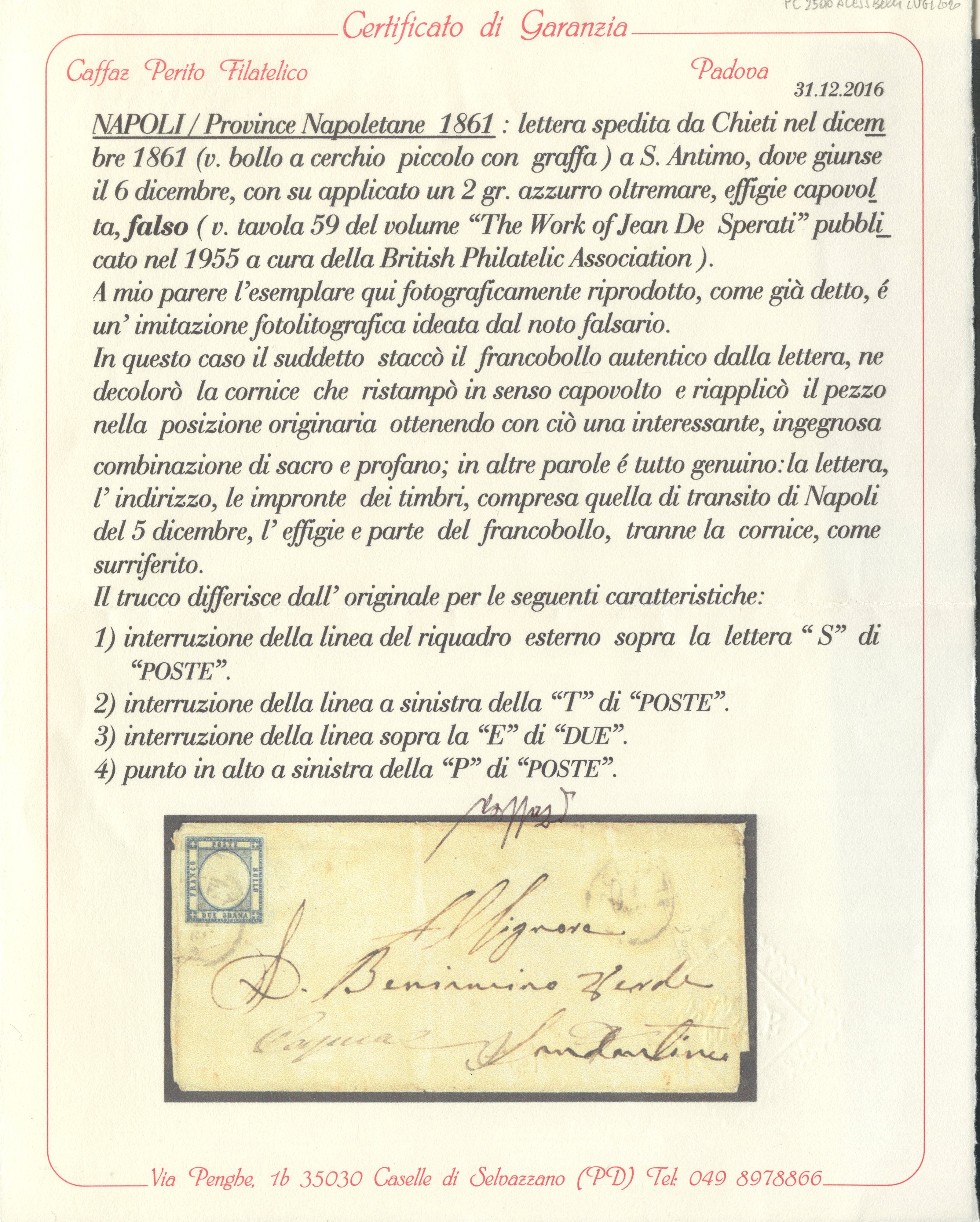 Falso De Sperati, Provenienza napoletana: lettera da Chieti per Sant’Antimo affrancata con 2 gr a...