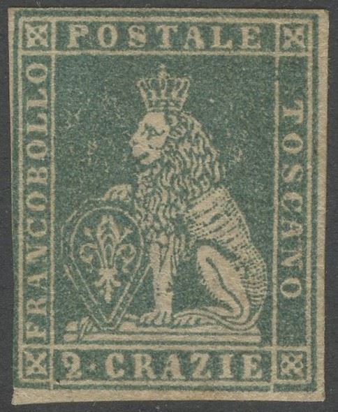 Francobollo, 1857 – II emissione, 2 centesimi di lira (2 cr.) azzurro grigio verdastro, n. 13b