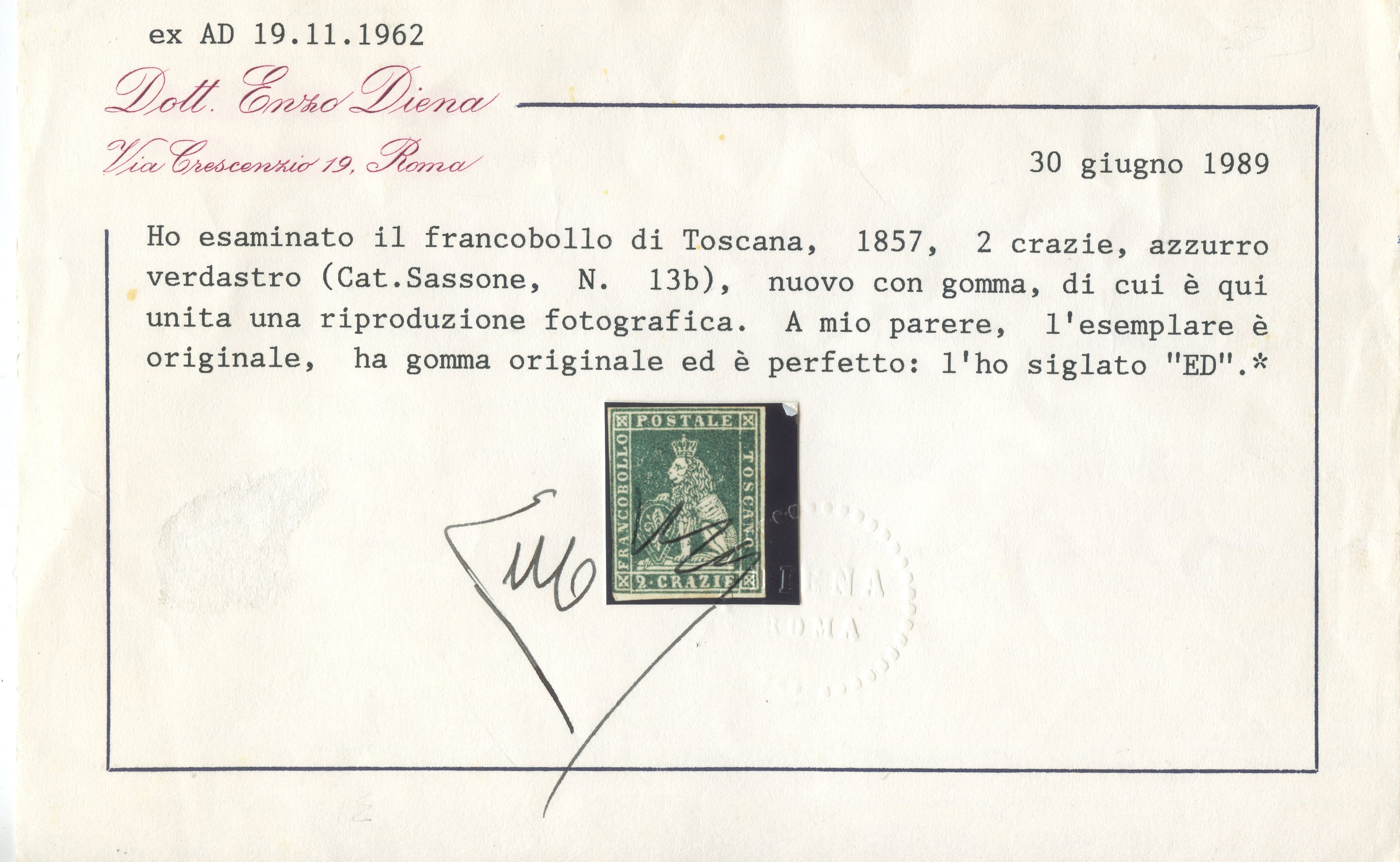 Francobollo, 1857 – II emissione, 2 centesimi di lira (2 cr.) azzurro grigio verdastro, n. 13b
