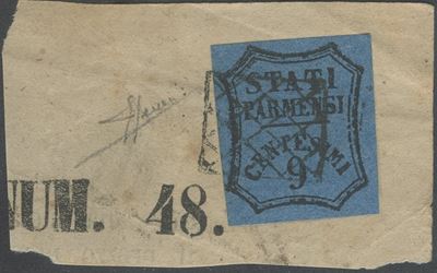 Francobollo, 9 centesimi azzurro (n. 2), annullato con griglietta di Piacenza, 1853