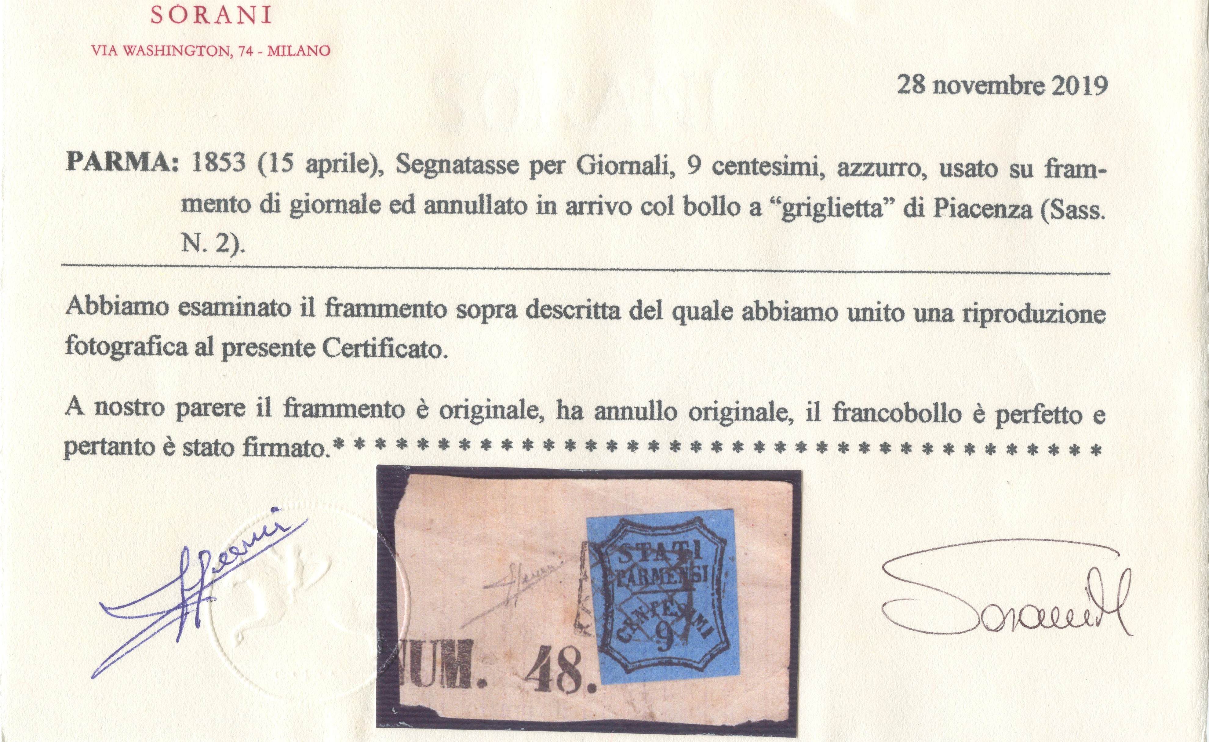 Francobollo, 9 centesimi azzurro (n. 2), annullato con griglietta di Piacenza, 1853