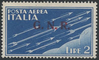 G.N.R., Posta Aerea – 2 Lire azzurro, francobollo nuovo con gomma integra (n. 122, 1944)