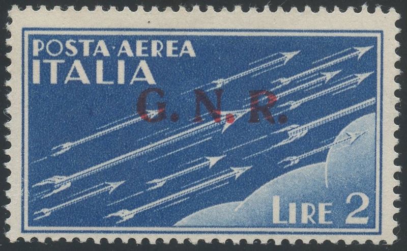 G.N.R., Posta Aerea – 2 Lire azzurro, francobollo nuovo con gomma integra (n. 122, 1944)