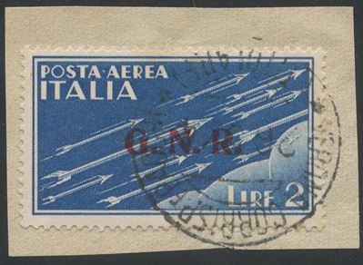 G.N.R., Posta Aerea – francobollo da 2 Lire azzurro (n. 122), annullo “TITOLARE” su frammento