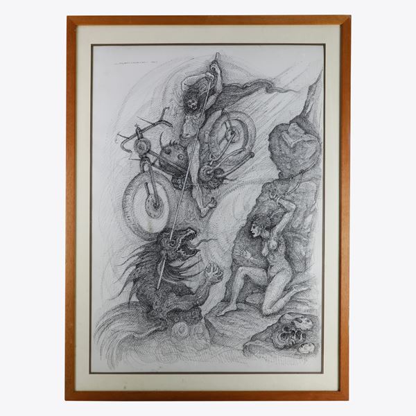 ANGELO CANEVARI : Motociclista con drago  - disegno  ad inchiostro di china su carta - Asta Smart Auction: arredo, dipinti, sculture, argenti e altro a prezzi vantaggiosi - Bertolami Fine Art - Casa d'Aste