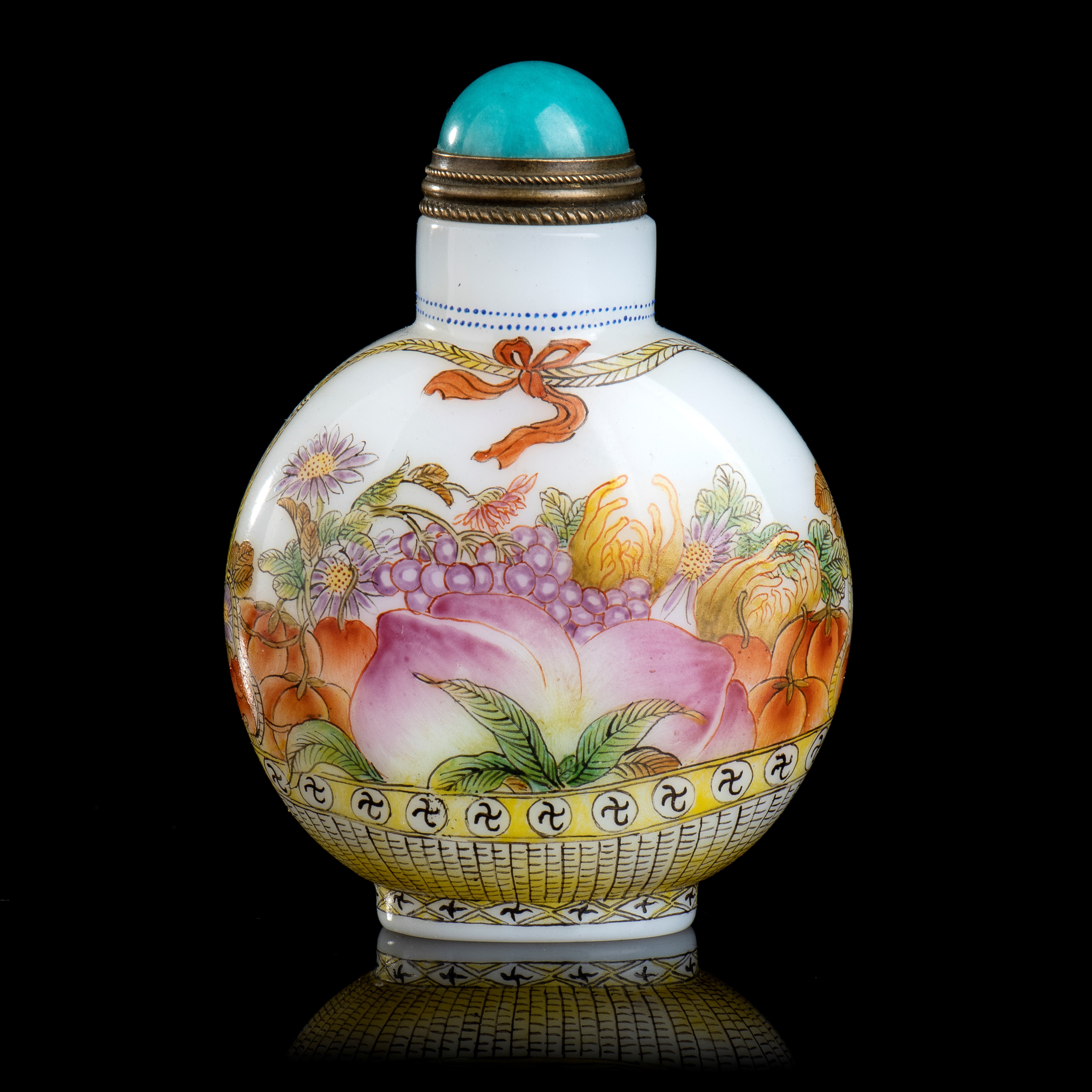 SNUFF BOTTLE IN VETRO CON DECORO A SMALTI POLICROMI